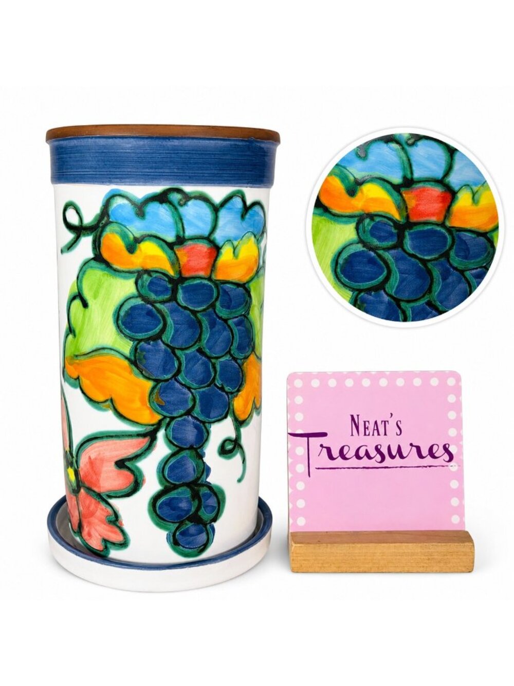 80's Himark CELINA Handpainted Grapes Flowers Terracotta Wine Chiller W Coaster